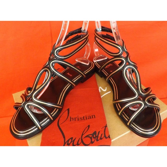 NIB LOUBOUTIN ZENOSANDY BLACK LEATHER CAGED BUCKLES FLATS GLADIATOR SANDALS 38.5 - Picture 6 of 12